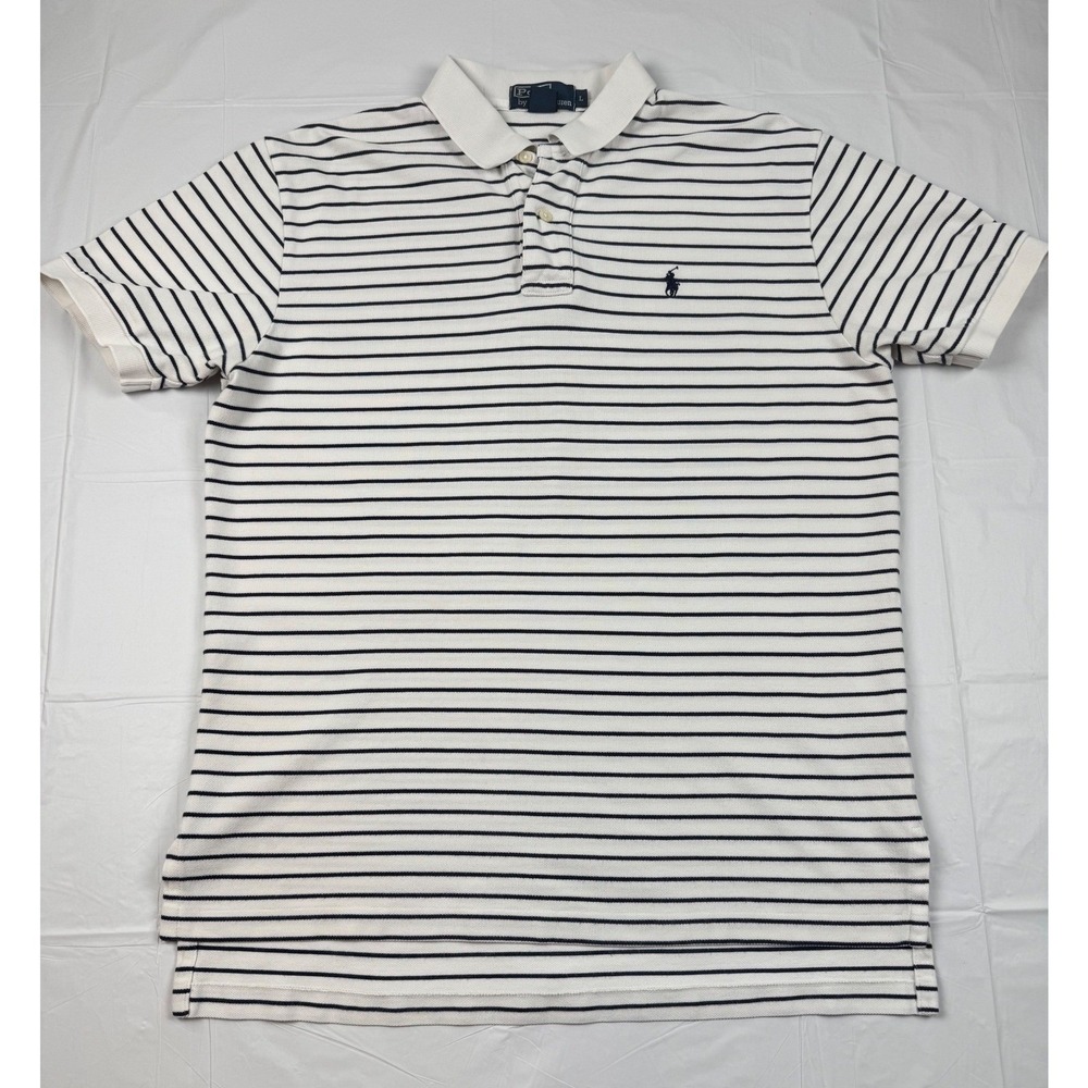 Polo Ralph Lauren Mens Large White Navy Blue Striped Cotton Pique Polo Shirt